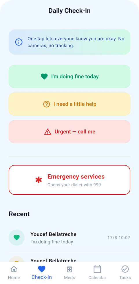 The daily check-in screen with three status buttons.